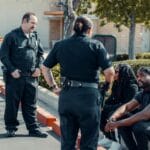 Policjanci rozmawiają z siedzącymi osobami na miejskim chodniku