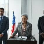 Czy polityk może „nie przyjąć” mandatu posła? Fakty i mity o tym, co dzieje się po wyborach Polityczka przemawia przy fladze USA, obok stoją ochroniarze